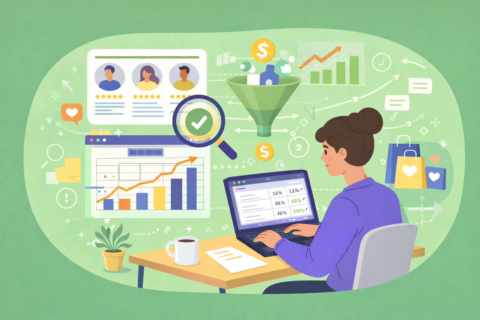 Illustration of a person sitting cross-legged using a laptop with a large “BUY” button and arrow pointing to the screen, representing online purchasing or digital consumer behavior.